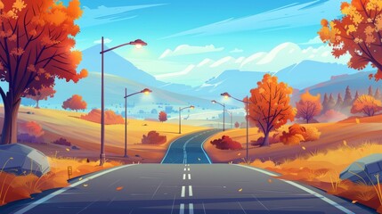 Landscape with road and street lights in the autumn, and mountains on the horizon. Modern cartoon illustration of countryside panorama with orange trees, fields, and rocks.