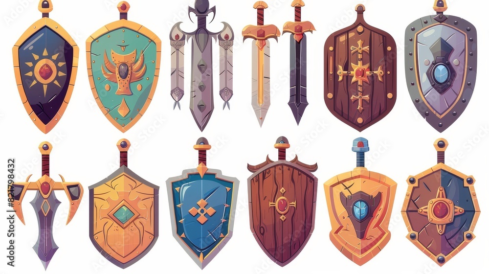 Wall mural set of game shields with swords, cartoon fantasy medieval armor decorated with gems. knight ammuniti