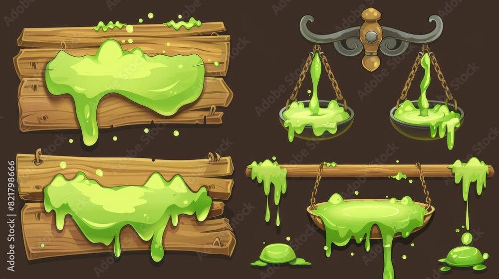Poster modern set of game ui loading bars, cartoon interface elements. status scale of power in wooden stri
