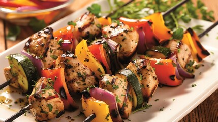 Succulent grilled chicken kebabs paired with colorful, crisp vegetables, a mouthwatering feast...