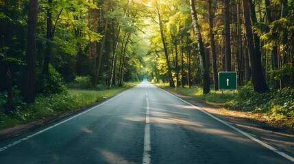 Fototapeta premium Driveway with white line in the middle against shades from woods trees or forest. 