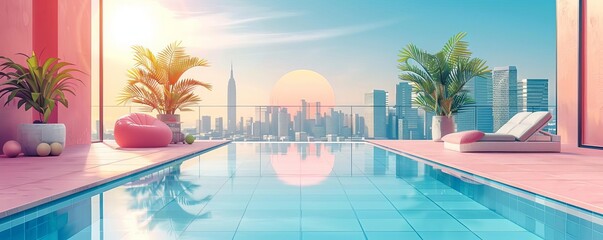 Urban pool party with cityscape backdrop and modern design, bright colors, digital illustration, contemporary style