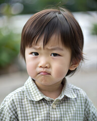 a asian child shaking their head no with a determined expression