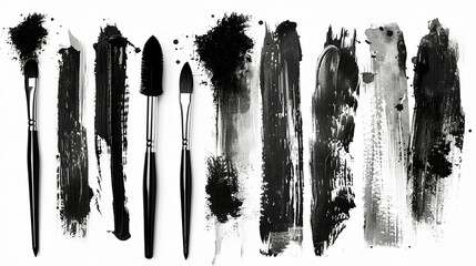 Black ink stencils. Paintbrush, splash, spray, ink splatter and paint marks. Artistic graphic box, black blots, grunge brush strokes line black and grunge frames for text.