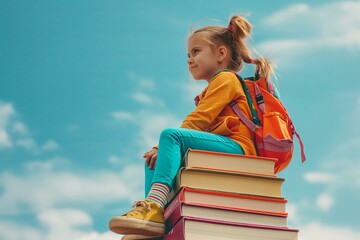 little girl in casual bright clothes with a backpack sitting on a giant book for back to school