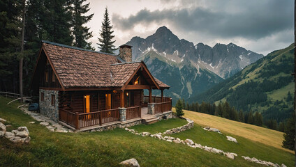 Fototapeta premium A modern cozy house in the mountains in an eco-friendly place. Holiday home, tourism, rental