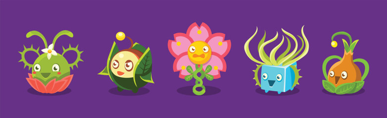Childish Alien Fantastic Alive Plants Emoji Character Vector Set