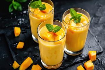 Refreshing Mango Smoothies with Fresh Mint Leaves in Clear Glasses