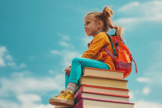 little girl in casual bright clothes with a backpack sitting on a giant book for back to school