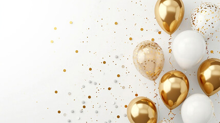 Golden balloons with confetti and ribbons.Party balloon png element set on white background. Wedding postcards.