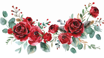 Red rose flower watercolor wreath for background wedd
