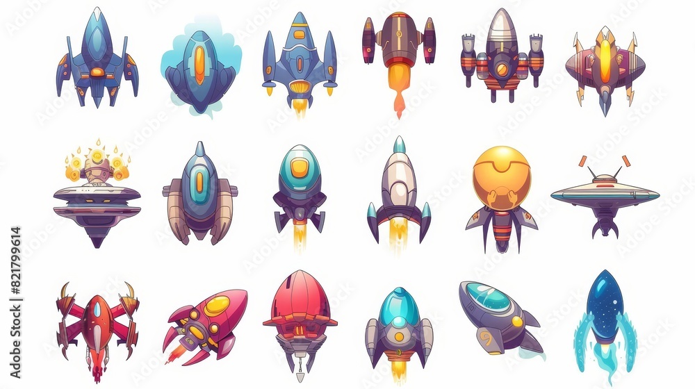 Poster the image of an alien spaceship includes funny rockets and ufo shuttles on a white background. the i