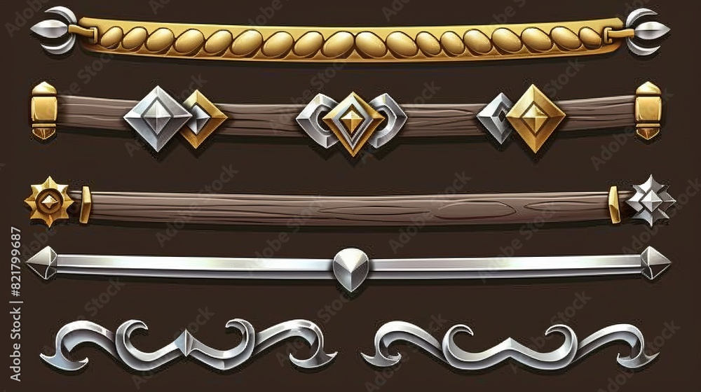 Poster game frames in silver and golden metal, medieval ui borders in gold or steel metal. cartoon collecti