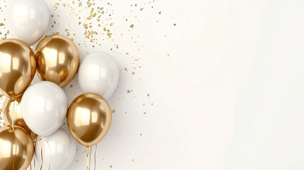 Golden balloons with confetti and ribbons.Party balloon png element set on white background. Wedding postcards.