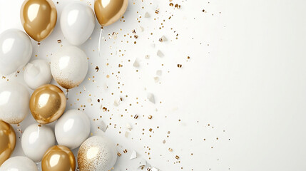 Golden balloons with confetti and ribbons.Party balloon on white background. Wedding postcards.Festive background with golden balloons and scattered golden confetti.