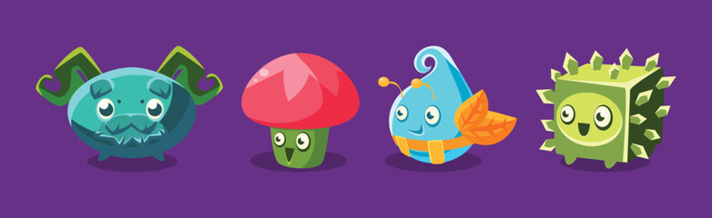 Childish Alien Fantastic Alive Plants Emoji Character Vector Set