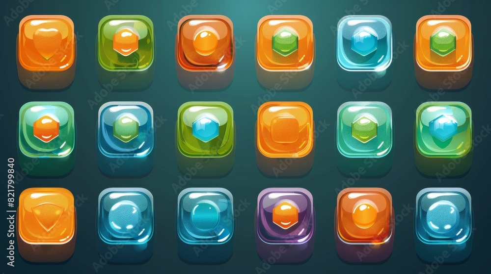 Poster the set includes glossy buttons for game or app menus. the set includes orange, green, and blue shin