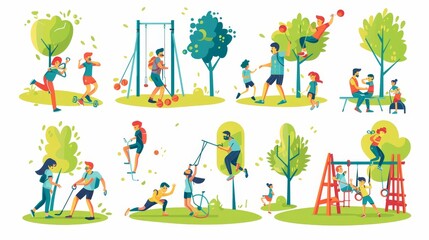 A flat character set on white, showing people participating in outdoor activities, parents and children playing games together in the park, men and women training, and friends doing sports. This is a