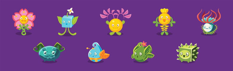 Childish Alien Fantastic Alive Plants Emoji Character Vector Set