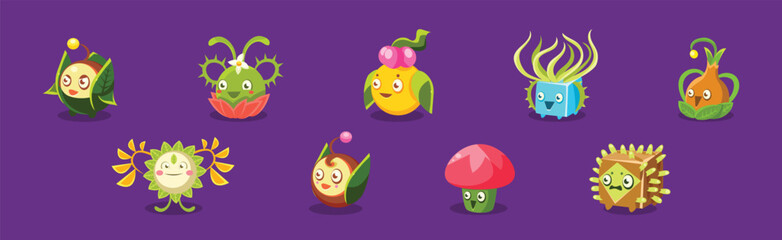 Childish Alien Fantastic Alive Plants Emoji Character Vector Set
