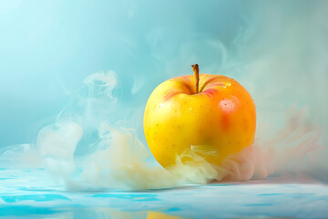 A red and yellow apple is placed on top of a blue table. The vibrant colors mist contrast with bold colors of background