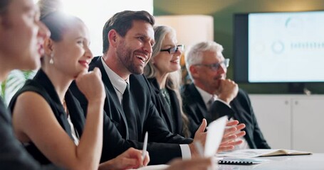 Law firm, listening and business people in meeting, job interview and negotiation with human resources. Staff, group and corporate with committee for candidate selection, professional and teamwork