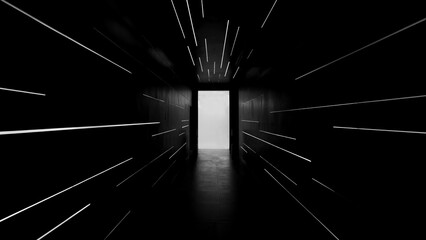 Door from dark room bright light, Business finding solution, Light at the end of the tunnel, Realistic abstract black room with white neon.