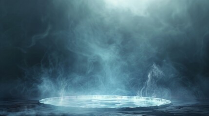 Isolated steam circle at night club, magic haze. Realistic 3D modern mockup of smoke, fog, and smog clouds on the floor.