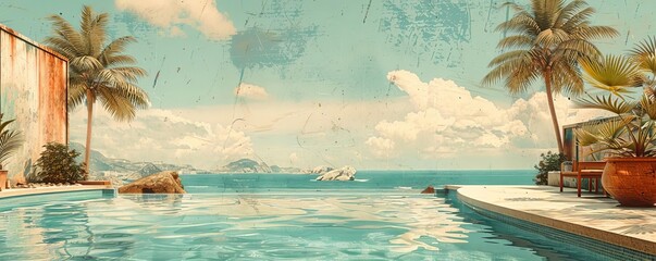 Vintage pool party with antique textures and classic decor, muted tones, retro illustration, nostalgic feel
