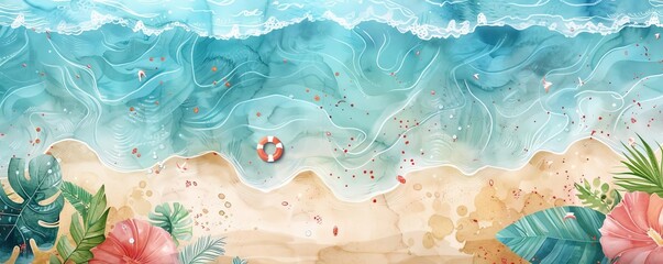 Fototapeta premium Watercolor pool party by the seaside with waves and sand, soft colors, detailed and charming, beach vibe