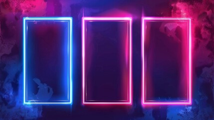 A collage of glowing neon light frames and blue and pink banners with glowing borders, isolated on transparent background.