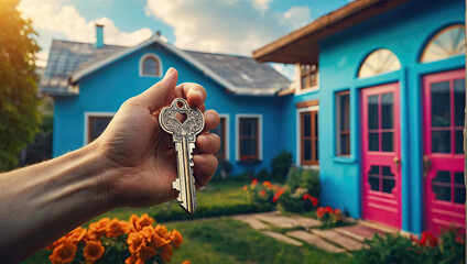 Key to house in the hands of a realtor near the cottage - sale, relocation, booking, cottage project, mortgage, housing and real estate insurance. The key to the home.