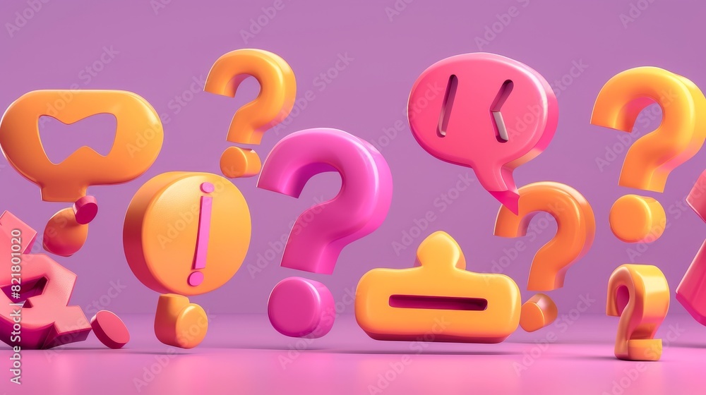 Poster 3d illustration of speech bubbles with question marks. chat messages, faq signs, dialog boxes with d