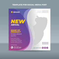 Square social media post template with transparent purple curve on the left side of a white background. Suitable for product promotion or product launches