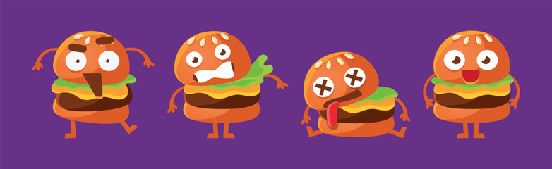 Cute Hamburger Character with Different Emotion Vector Set
