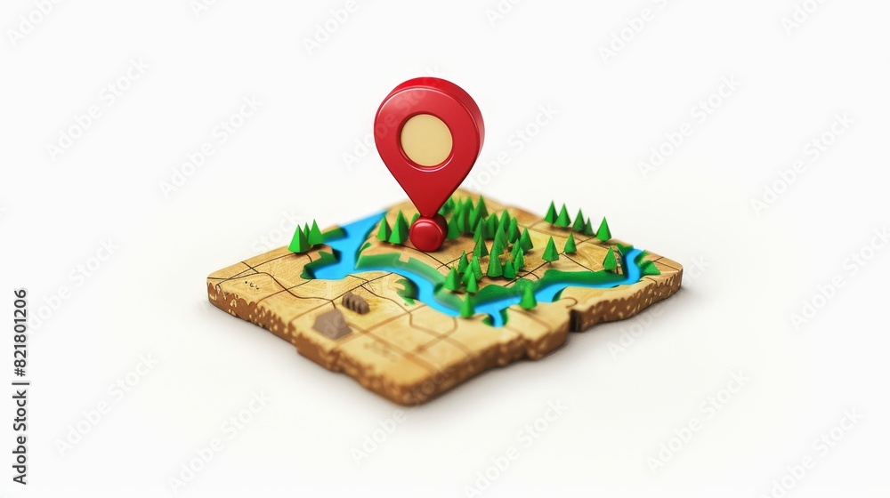 Poster in 3d, a red locator sign on a map is shown with the travel route to the destination and an exclamat