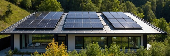 The roof of a modern house with eco-friendly solar panels in harmony with nature, ecology, saving natural resources, alternative energy source