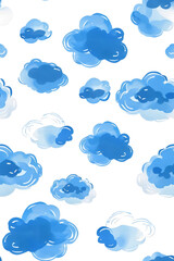 Blue color clouds watercolor minimalist seamless pattern isolated on white background