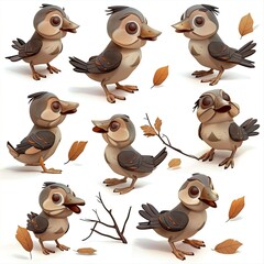 Little Gadwall Bird Cute character multiple posses and expression children's book illustration style