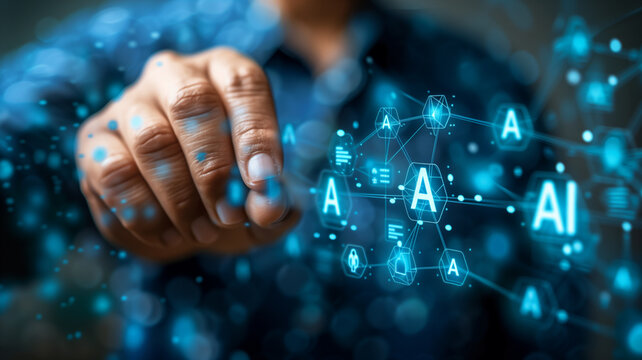 Close up human hand with AI text and hologram data.