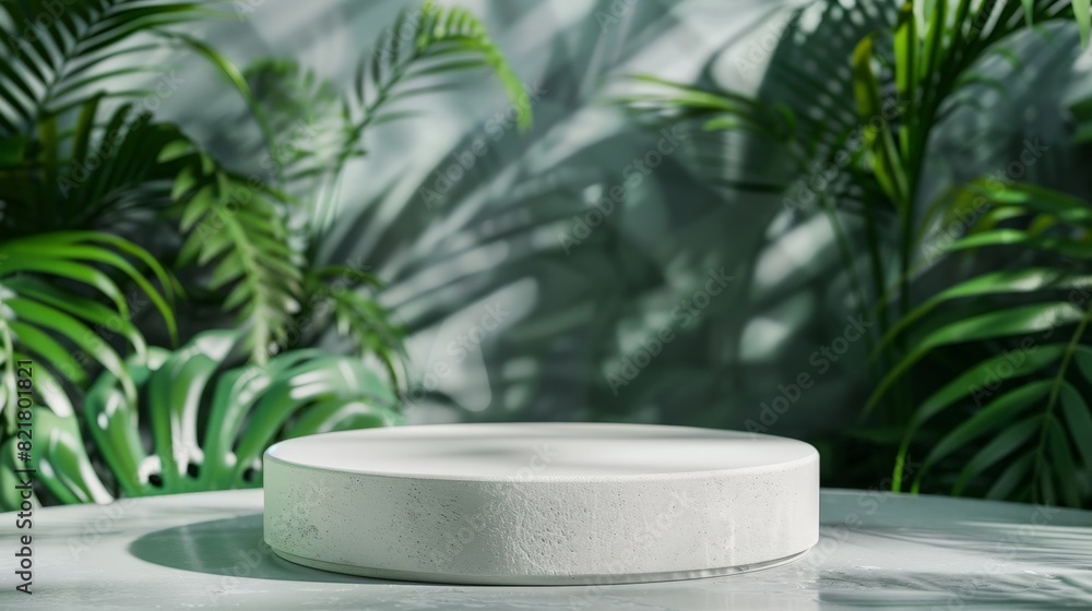 Poster an empty round gray stone podium stands in front of a backdrop of tropical leaves, creating an ideal
