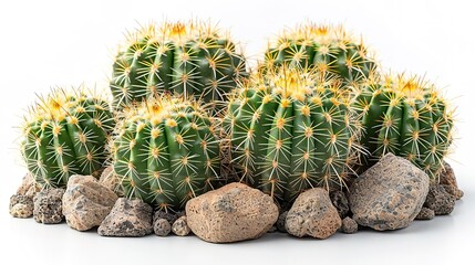 A variety of cacti and rocks sit on a white surface.