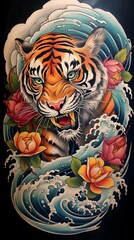 Fancy tiger, beautiful line drawing, brutal Japanese style tattoo design, brutal shirt combined with watermarks, tattoos, bright colors.