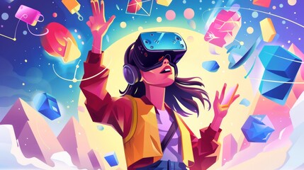 The concept of virtual reality technologies, the metaverse for learning, and the image of a girl student wearing VR glasses and different icons related to various sciences, modern illustration in a