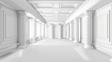 Modern realistic illustration of a modern hall interior of an office, gallery, or house, with angled white walls, columns, and niches.