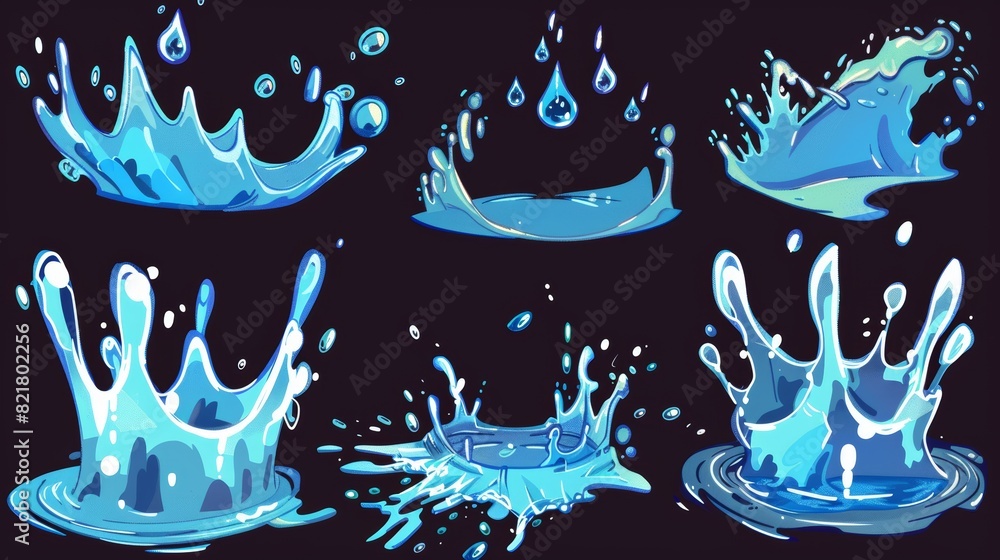 Poster an animated sprite sheet showing several stages of liquid aqua splashing. animation with blue crown 