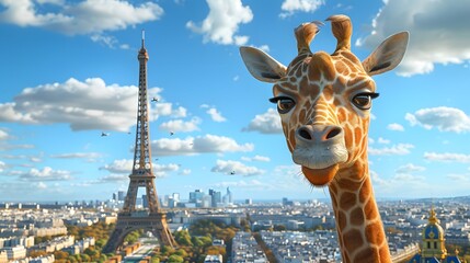Obraz premium a curious giraffe peeking over the Eiffel Tower's top in Paris, trying to get a better view of the city.