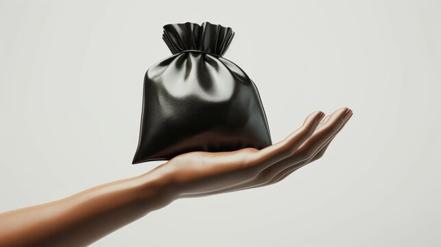 3D rendered black hand placing a coin into a sack lying on a white palm. Business man donation money, receiving income, making payment, investment, saving, purchase isolated illustration.