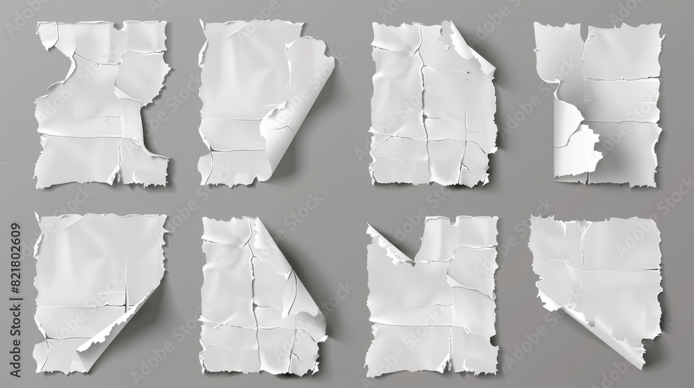 Poster set of realistic torn paper sheets isolated on a grey background. modern illustration of ripped blan