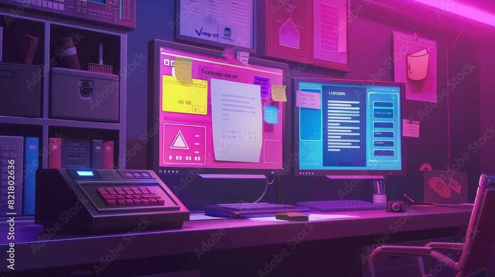 Poster an illustration of a computer screen with nineties retro software windows open on the desktop. the i